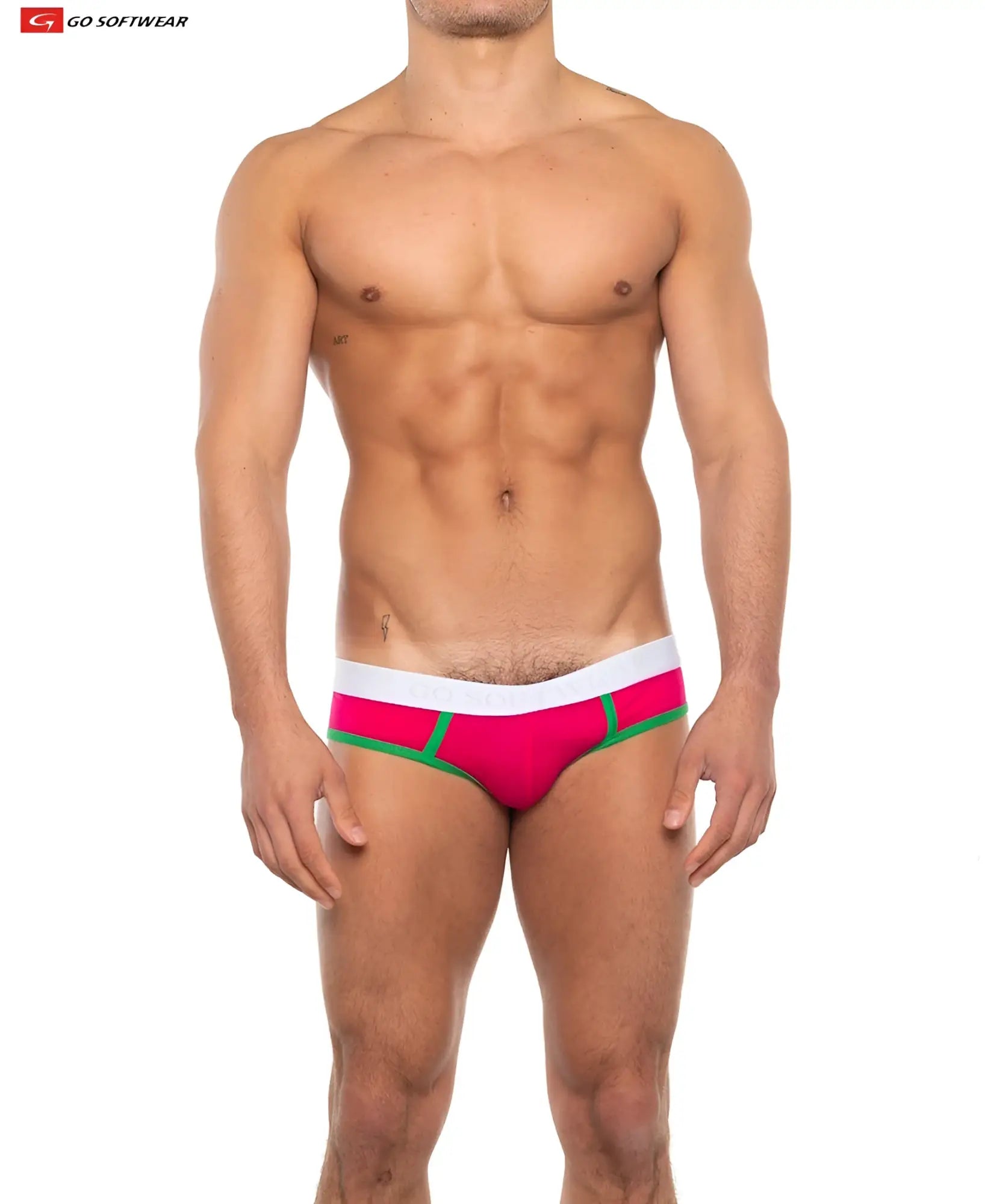Cal classic lo rise brief bright pink with white waistband and green trim comfortable low rise underwear