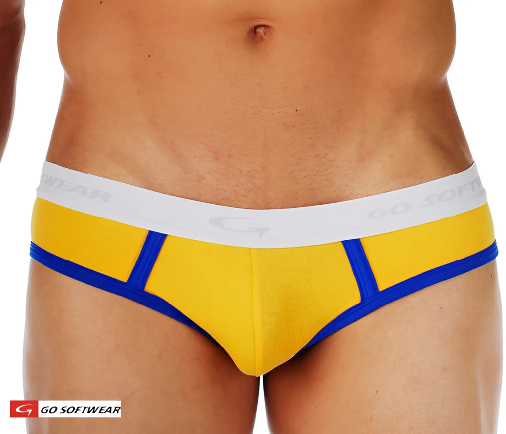 Cal classic lo-rise brief bright yellow and royal blue athletic briefs with white elastic waistband and go softwear logo