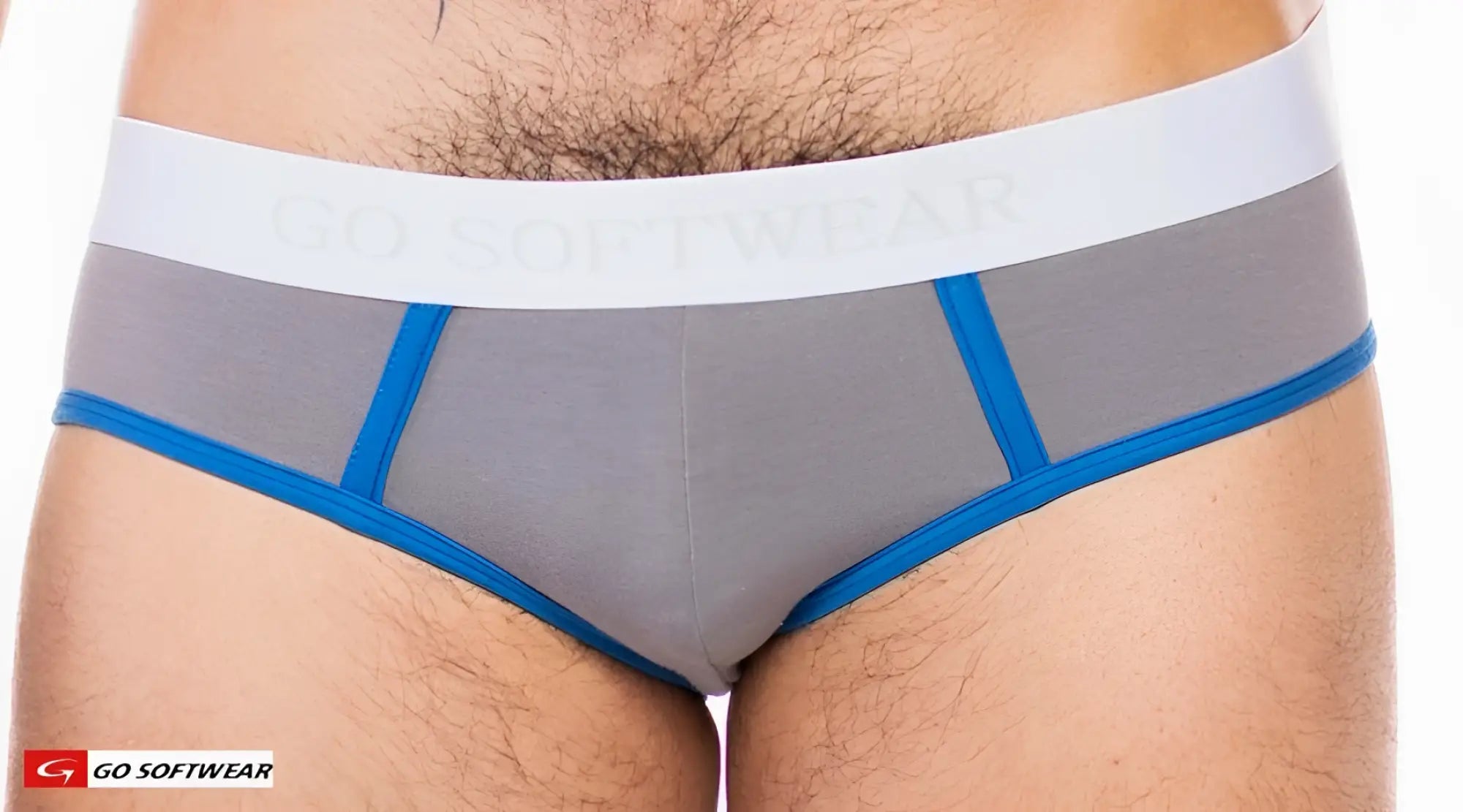Cal classic lo rise brief in gray with blue trim and white waistband featuring go softwear logo for comfortable wear