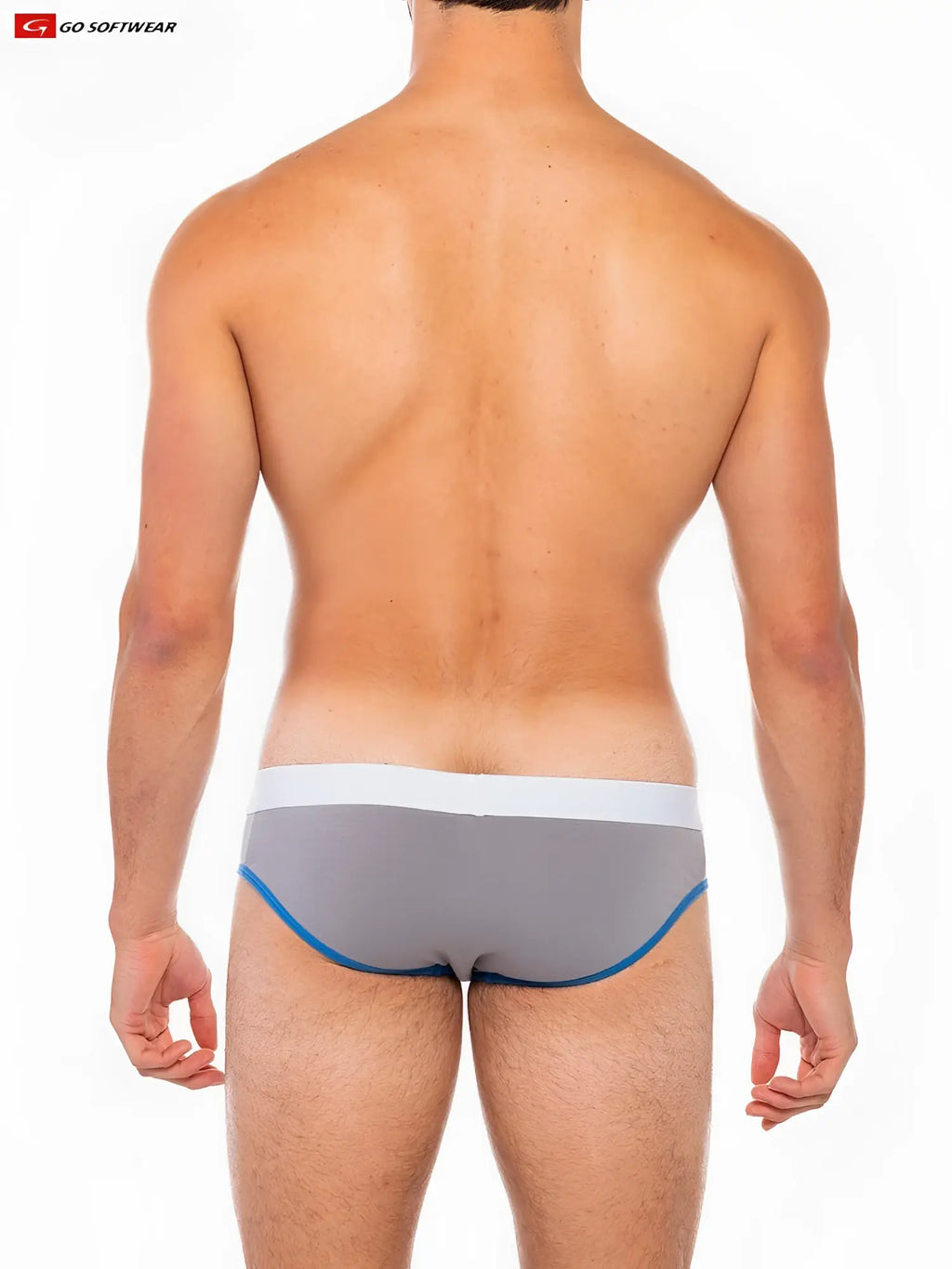 Cal classic lo rise brief gray with white waistband and blue trim sleek design from go softwear
