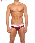 Cal classic lo rise brief maroon and white athletic briefs with snug fit contrasting white waistband and side trim