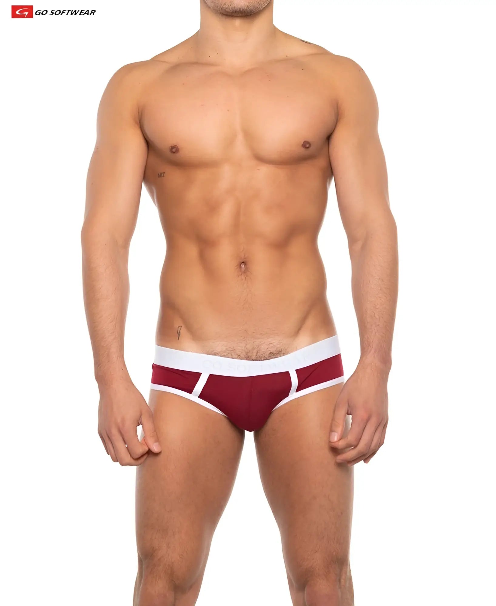 Cal classic lo rise brief maroon and white athletic briefs with snug fit contrasting white waistband and side trim