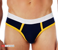 Navy blue and yellow Cal Classic Lo-Rise athletic briefs with white elastic waistband front view