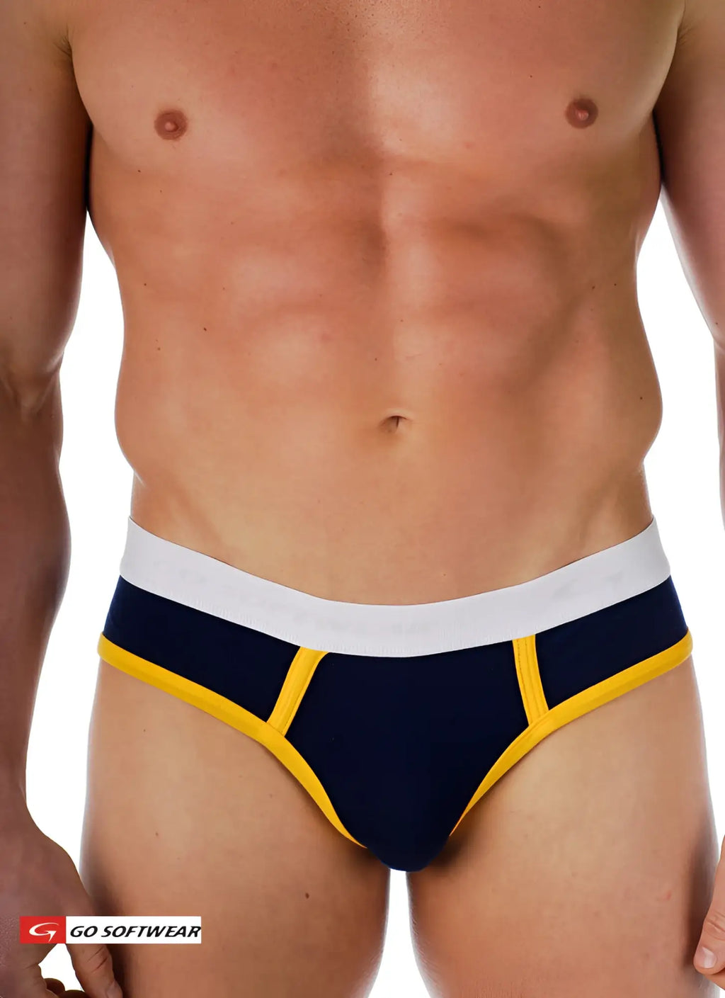 Navy blue and yellow cal classic lo-rise briefs with white waistband designed for comfortable everyday wear