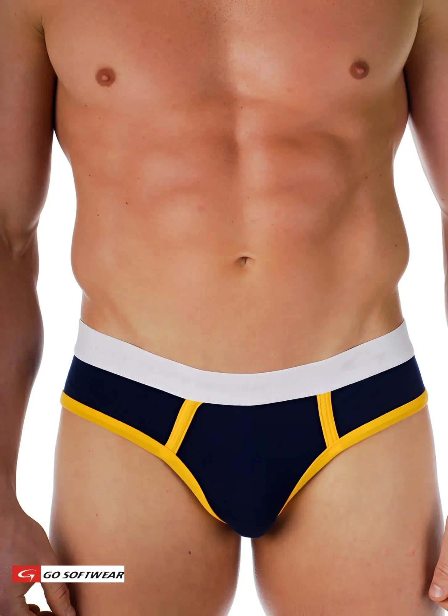 Navy blue and yellow cal classic lo-rise briefs with white waistband designed for comfortable everyday wear