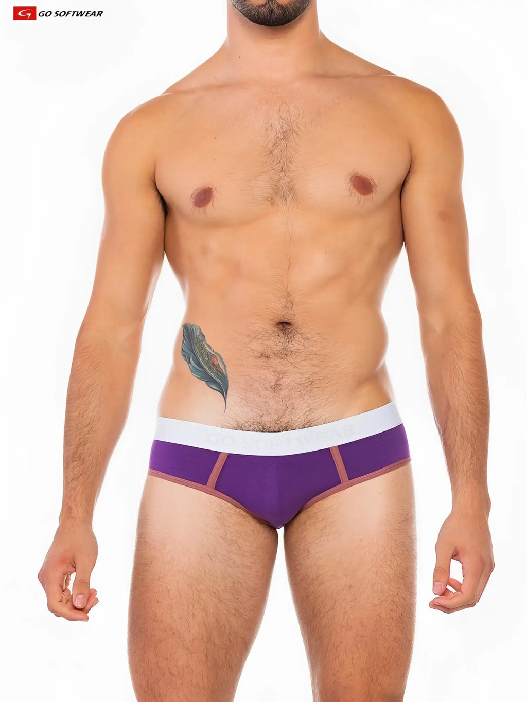 Purple cal classic lo rise briefs with white waistband and brown trim details showing front side