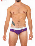 Purple cal classic lo rise briefs with white waistband and brown trim details showing front side