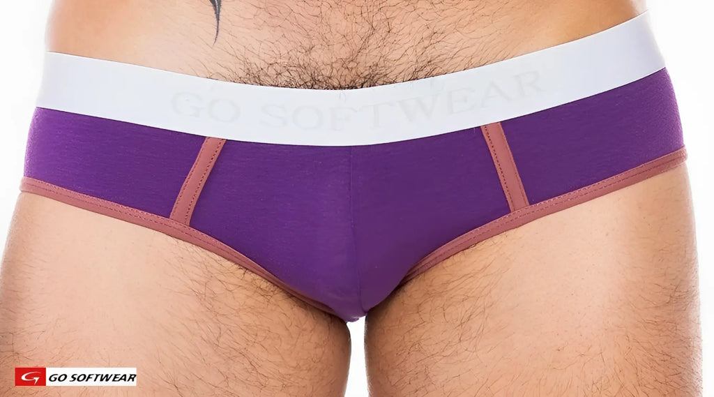 Purple cal classic lo rise brief with white go softwear waistband and brown seam trim in soft fabric