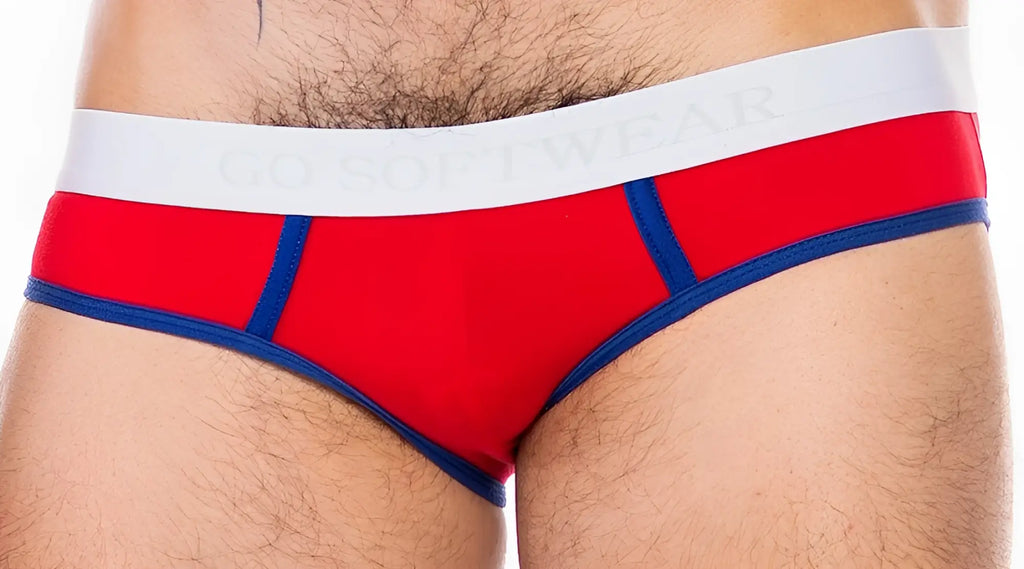 Cal classic lo rise brief red and blue men’s briefs with white waistband featuring go softwear logo