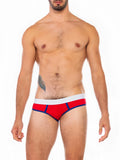 Cal classic lo rise brief in red and blue with a white waistband is a low-rise comfortable underwear option