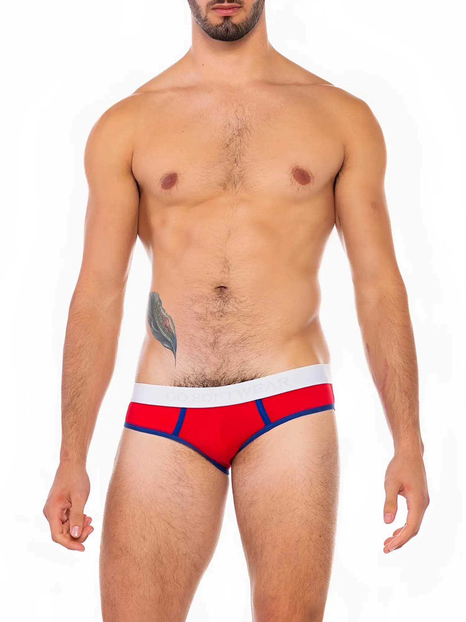 Cal classic lo rise brief in red and blue with a white waistband is a low-rise comfortable underwear option