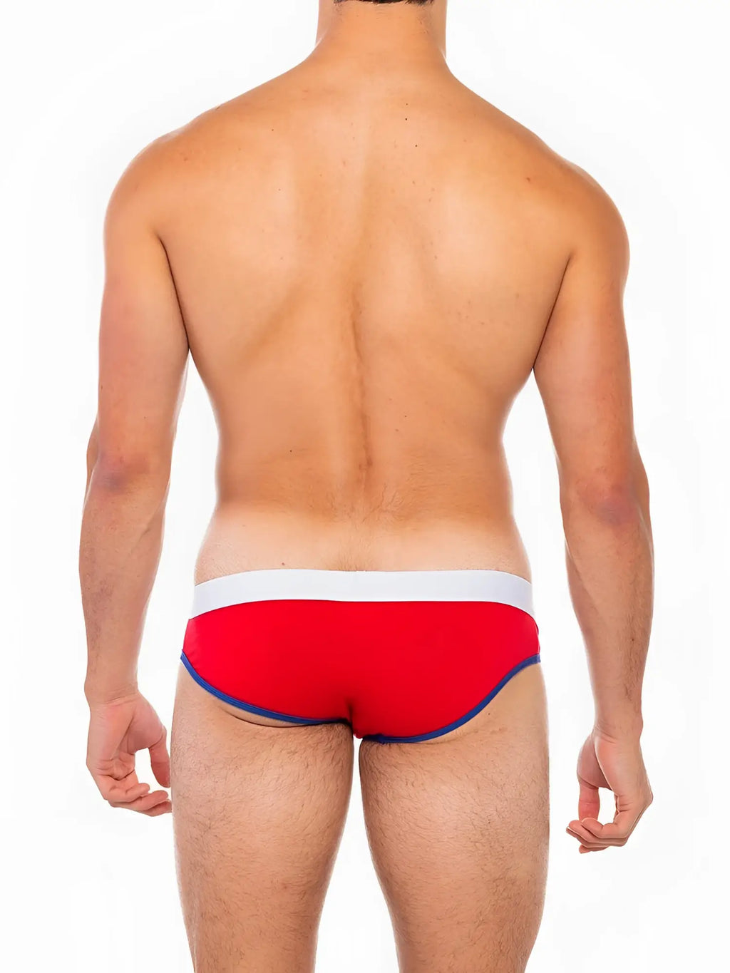 Red cal classic lo rise briefs with white waistband and blue trim in comfortable breathable fabric