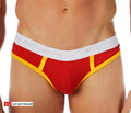 Cal classic lo-rise brief red and yellow athletic briefs with white elastic waistband featuring go softwear brand name
