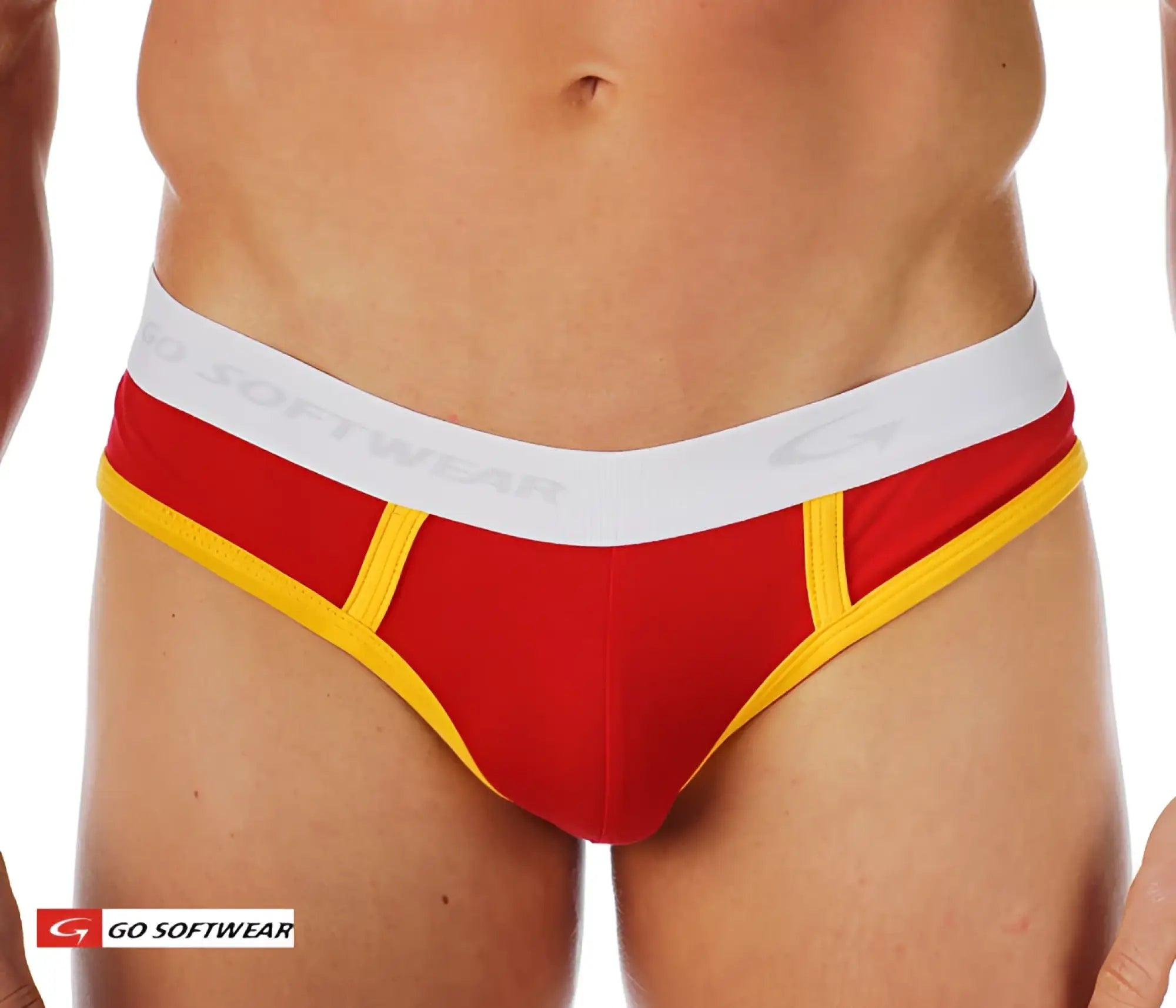 Cal classic lo-rise brief red and yellow athletic briefs with white elastic waistband featuring go softwear brand name