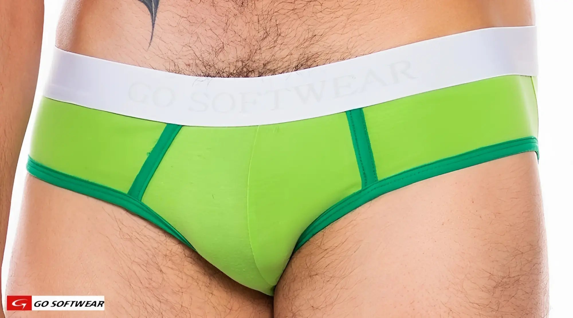 Vibrant lime green cal classic lo rise briefs with white elastic go softwear waistband and dark green seam trim