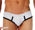Cal classic lo-rise brief white men’s briefs with black trim and subtle go softwear logo on waistband