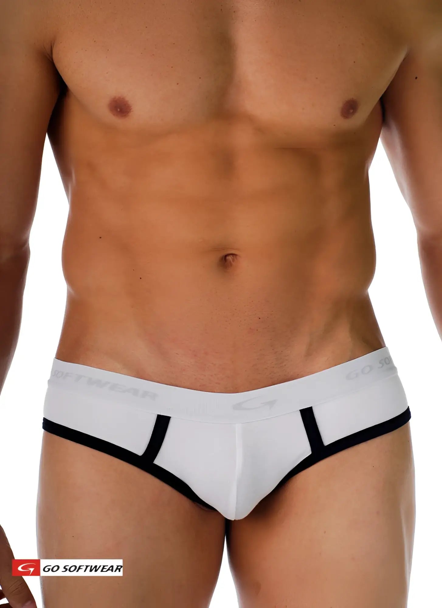 White men’s cal classic lo-rise briefs with black trim and subtle go softwear logo on the waistband