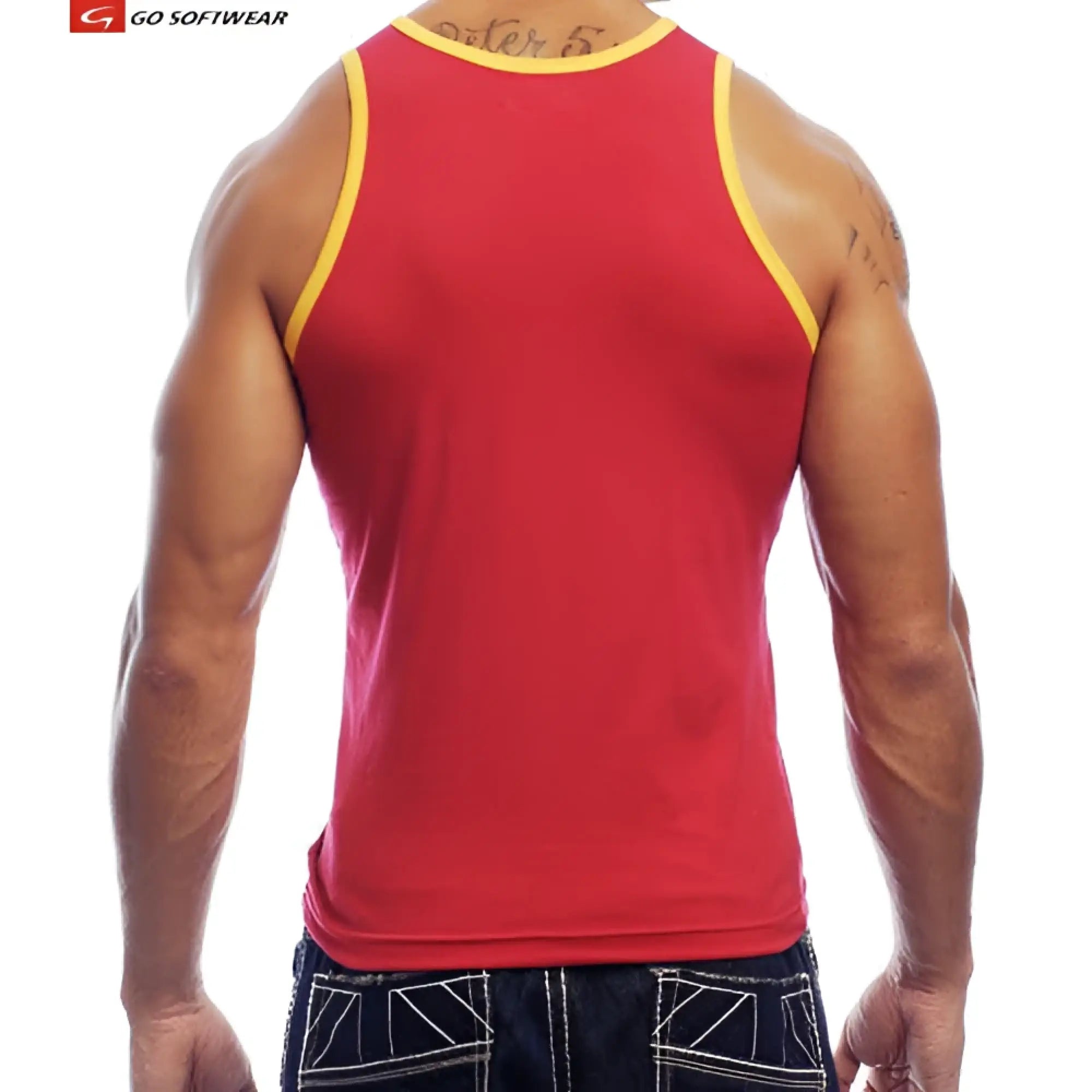 Cal classic tank top in red with yellow trim featuring breathable fabric for casual wear