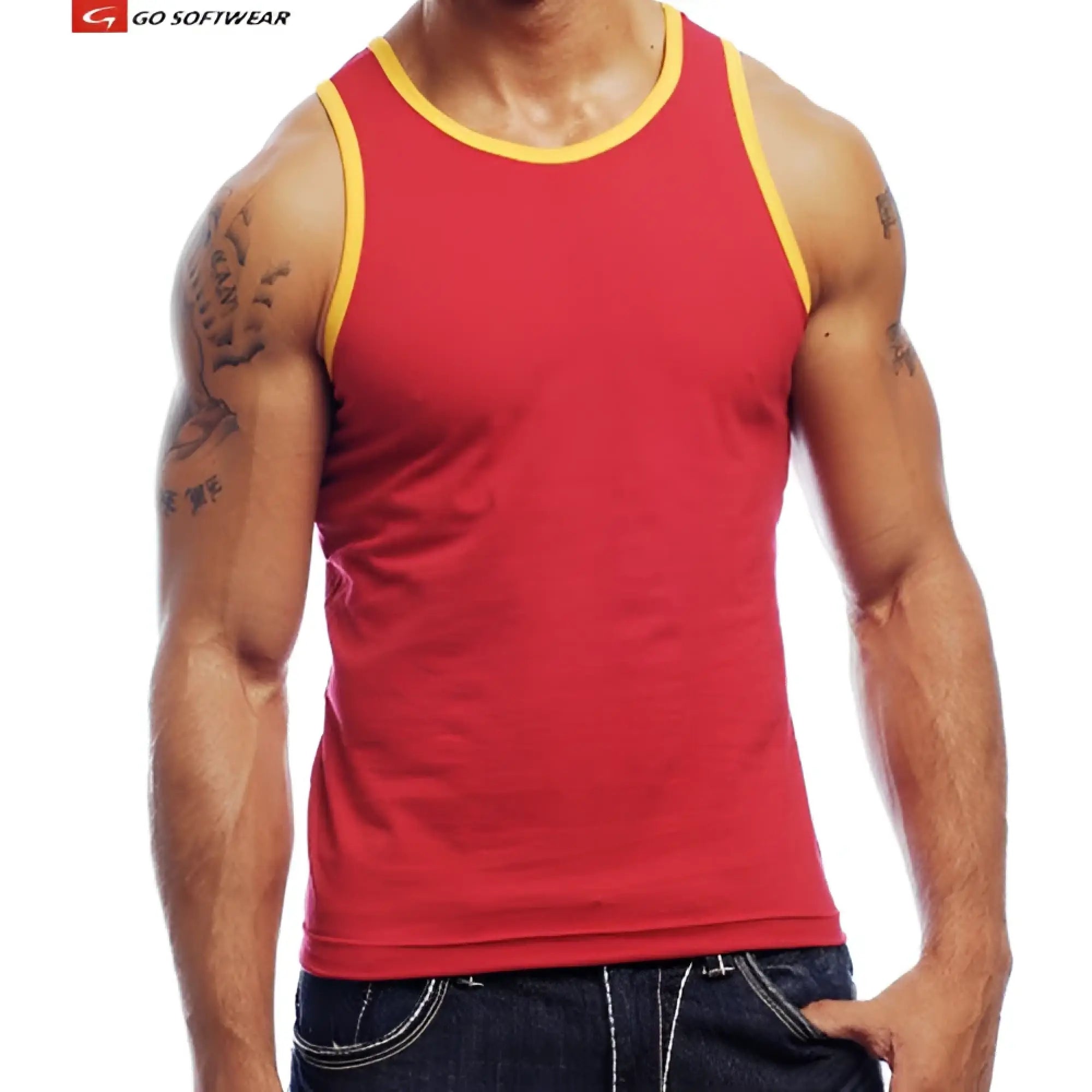 Cal classic tank top red soft fitted tank top with yellow trim ideal for casual wear