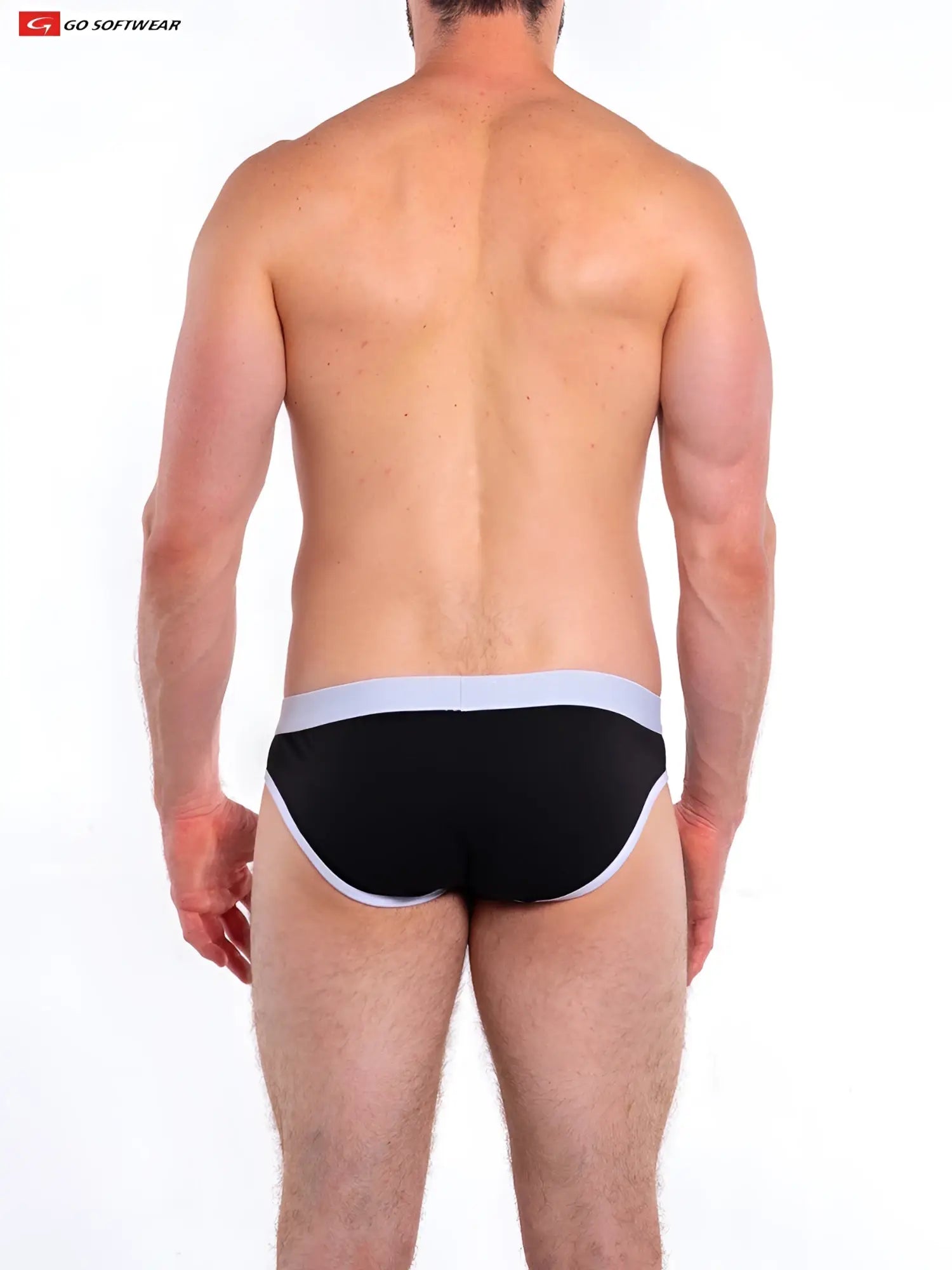 Black Cal contour pouch bikini briefs with light gray waistband and trim in sleek form-fitting design by go softwear