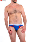 Cal contour pouch bikini athletic briefs in blue and red with a white waistband featuring go softwear logo