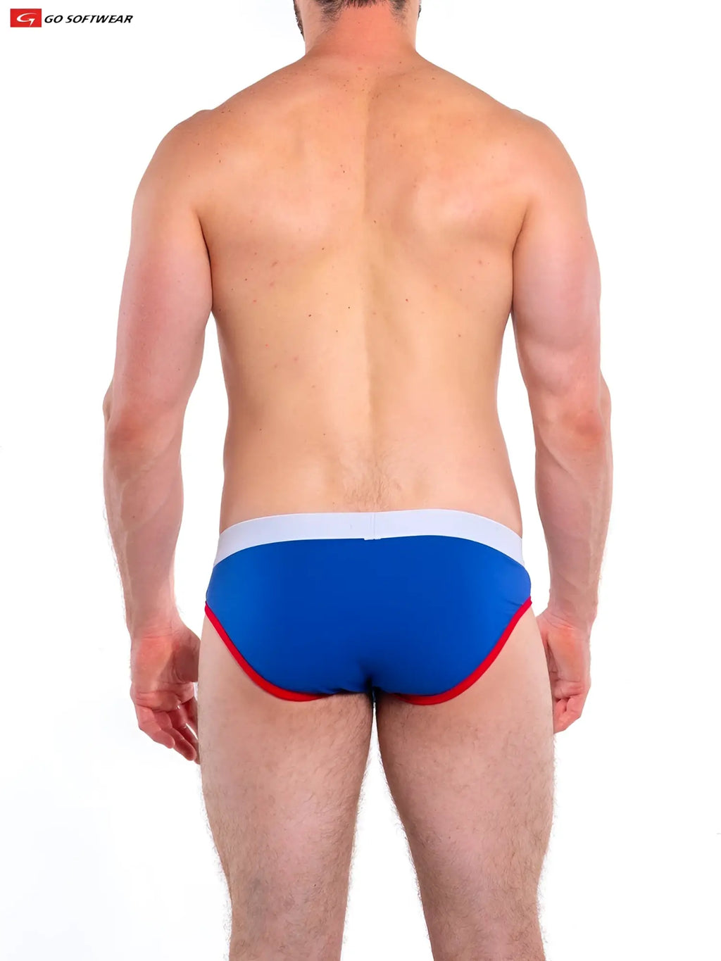 Blue and red men’s briefs with white waistband featuring snug fit from go softwear cal contour pouch bikini
