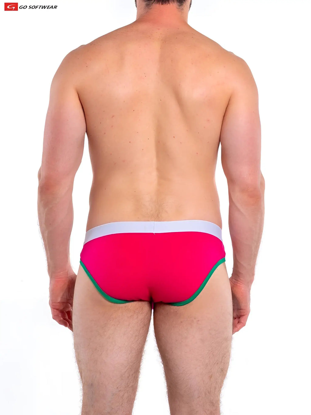 Bright pink cal contour pouch bikini briefs with white waistband and green trim designed for comfort and style