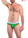 Cal contour pouch bikini athletic briefs in green and orange with white go softwear waistband for comfortable support
