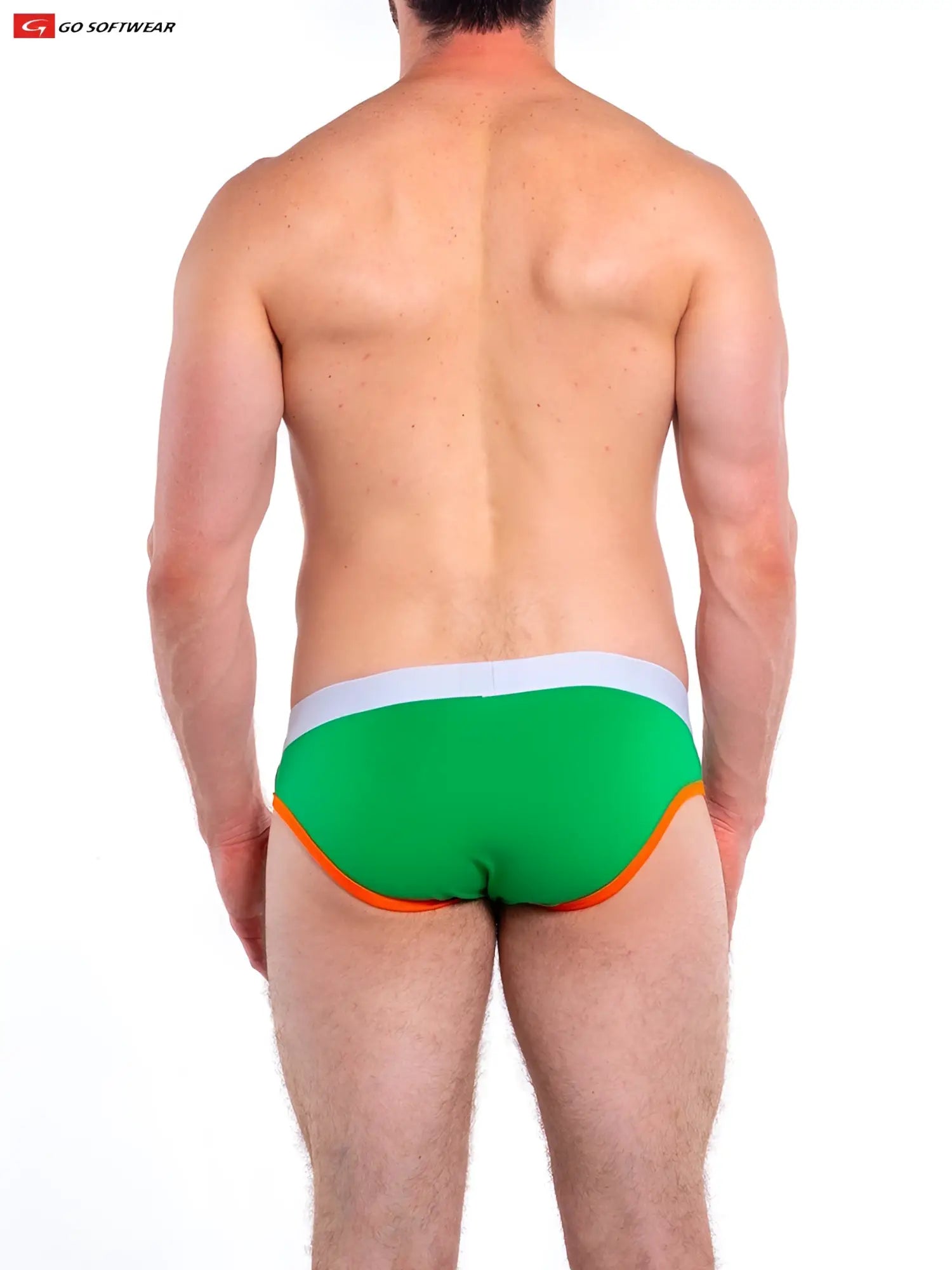 Green and orange-trimmed cal contour pouch bikini briefs with white waistband from go softwear made of soft fabric