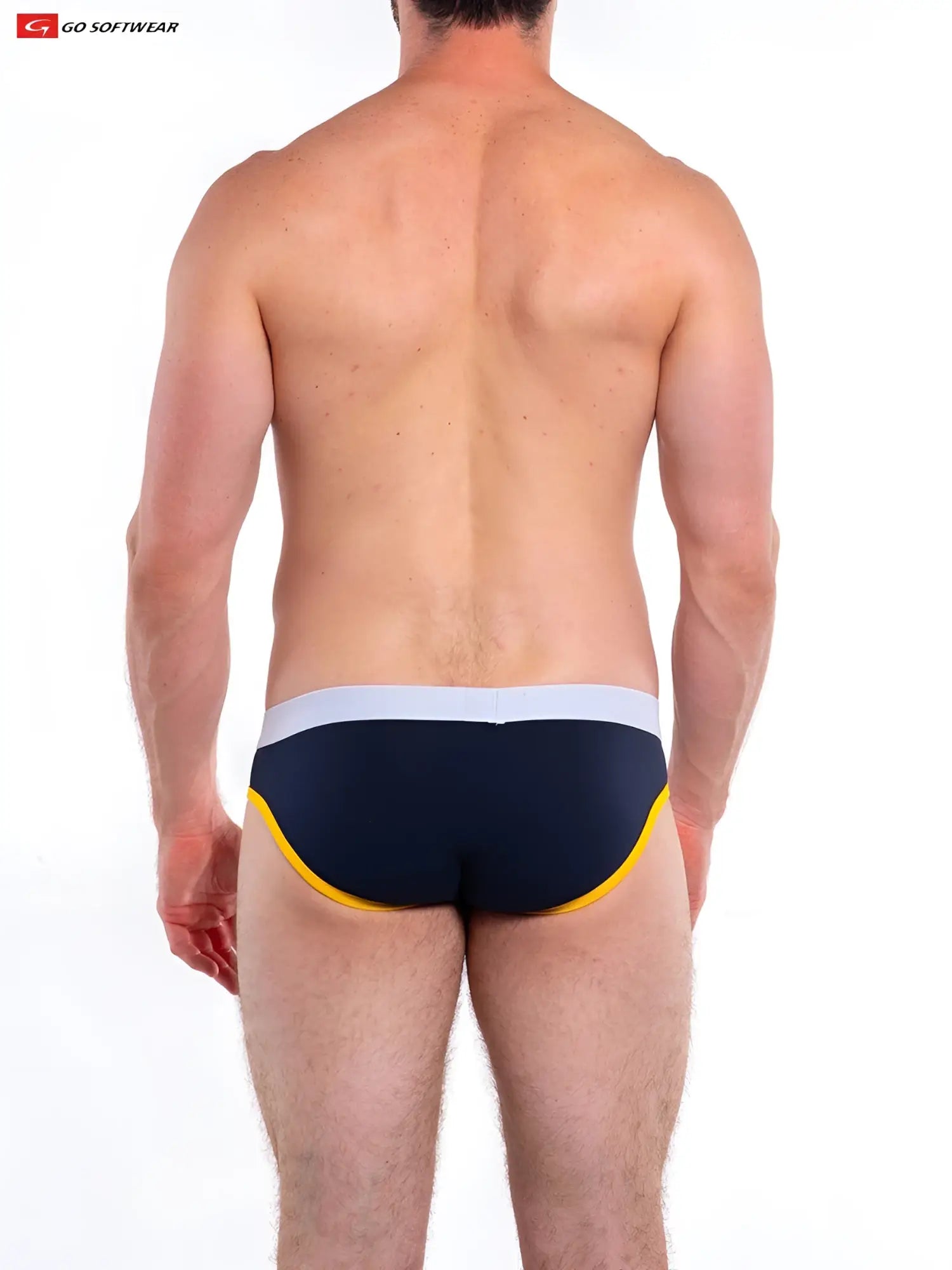 Navy blue and yellow go softwear Cal contour pouch bikini briefs with white waistband and snug fit design