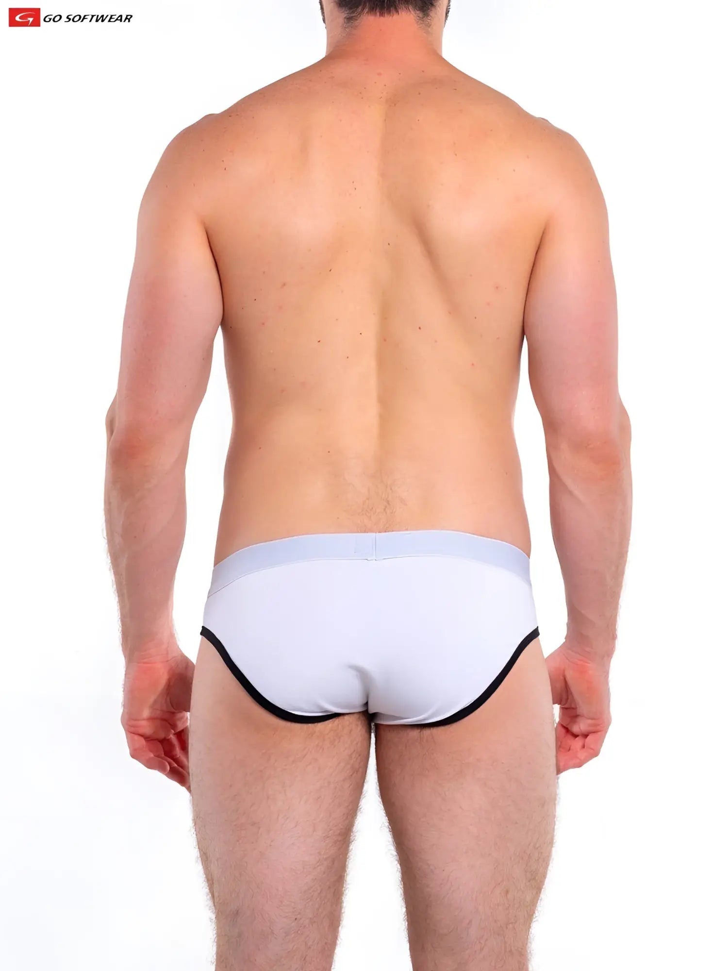 White briefs with black trim featuring a sleek modern design and contour pouch bikini from go softwear