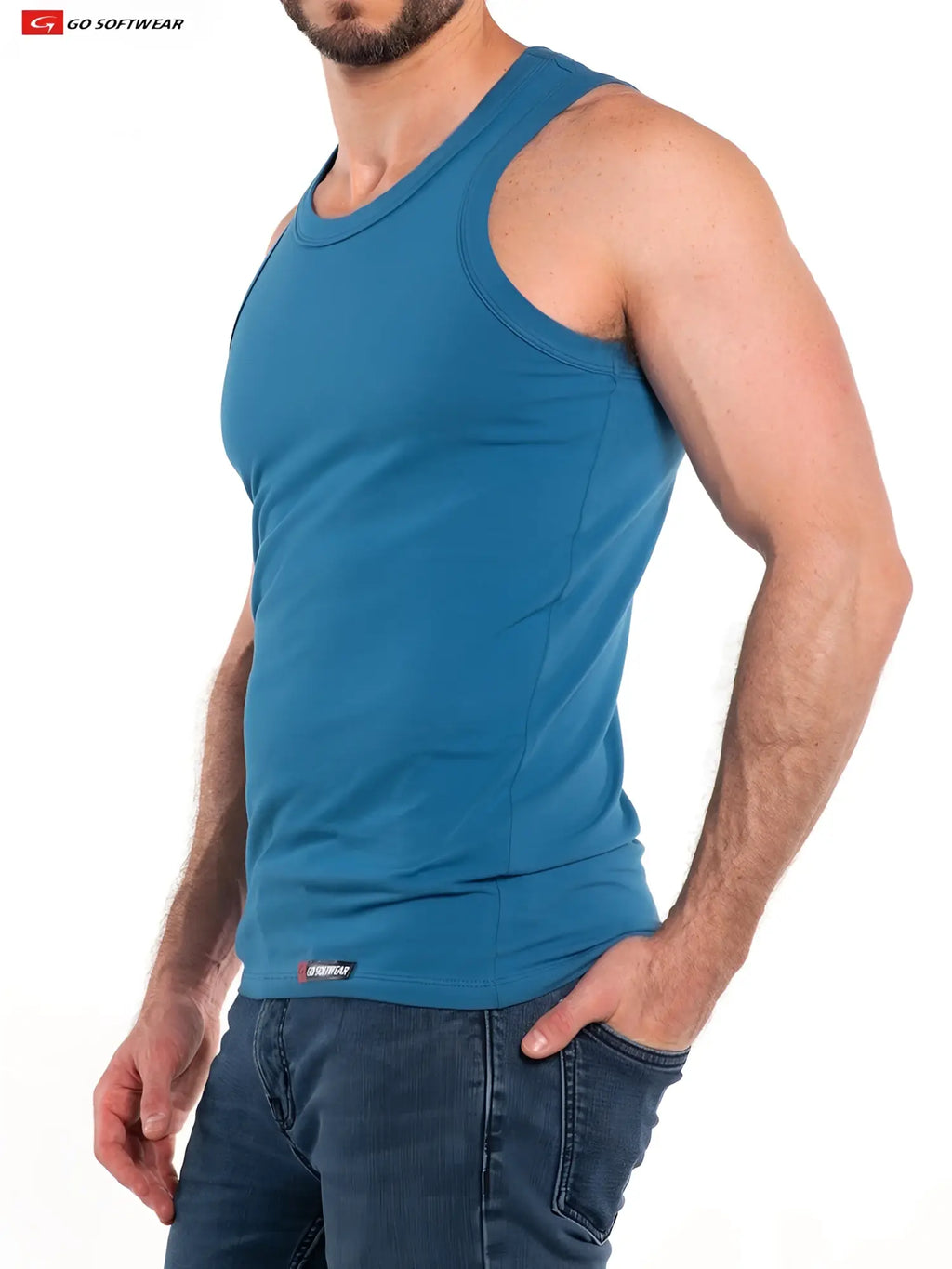 Blue sleeveless fitted athletic tank top with ribbed neckline made from soft cotton stretch for active wear