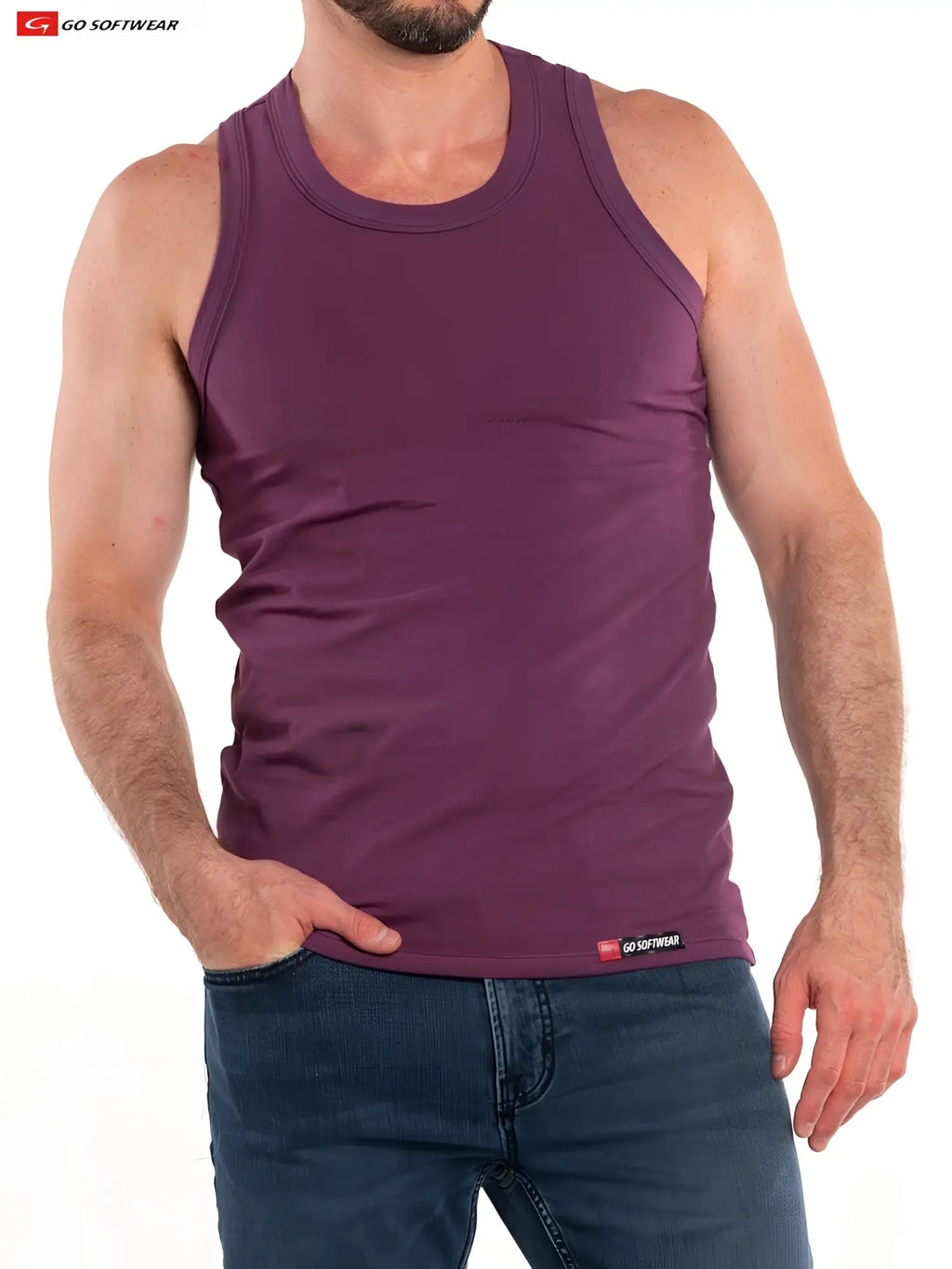 Men’s maroon So Cal cotton stretch tank top with ribbed trim and Go Softwear logo on chest and hem