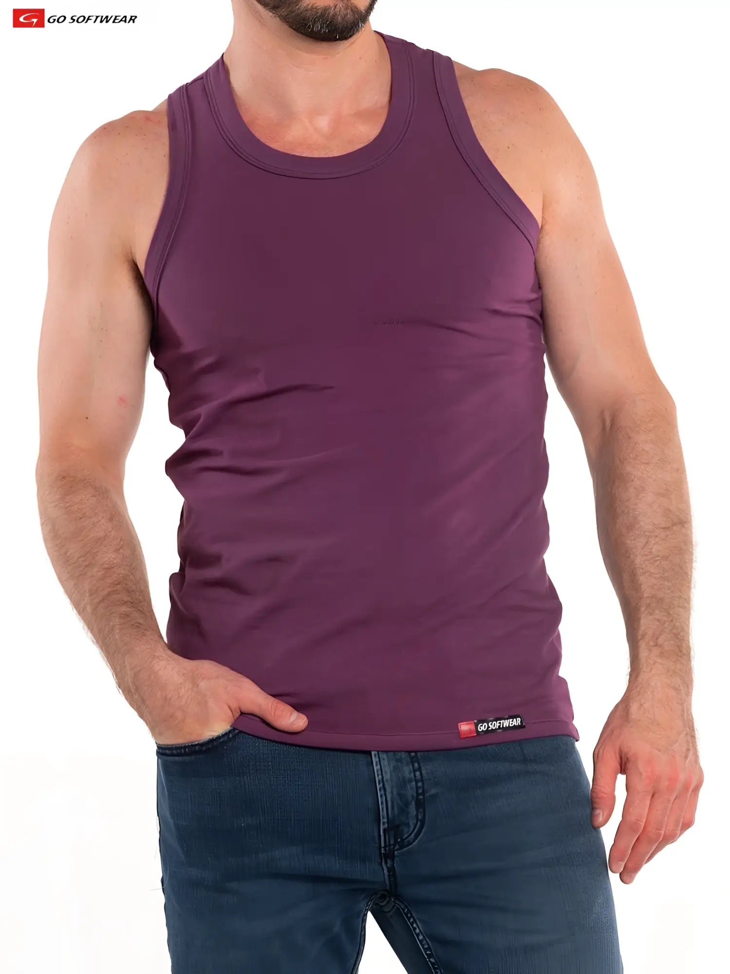 Men’s maroon So Cal cotton stretch tank top with ribbed trim and Go Softwear logo on chest and hem