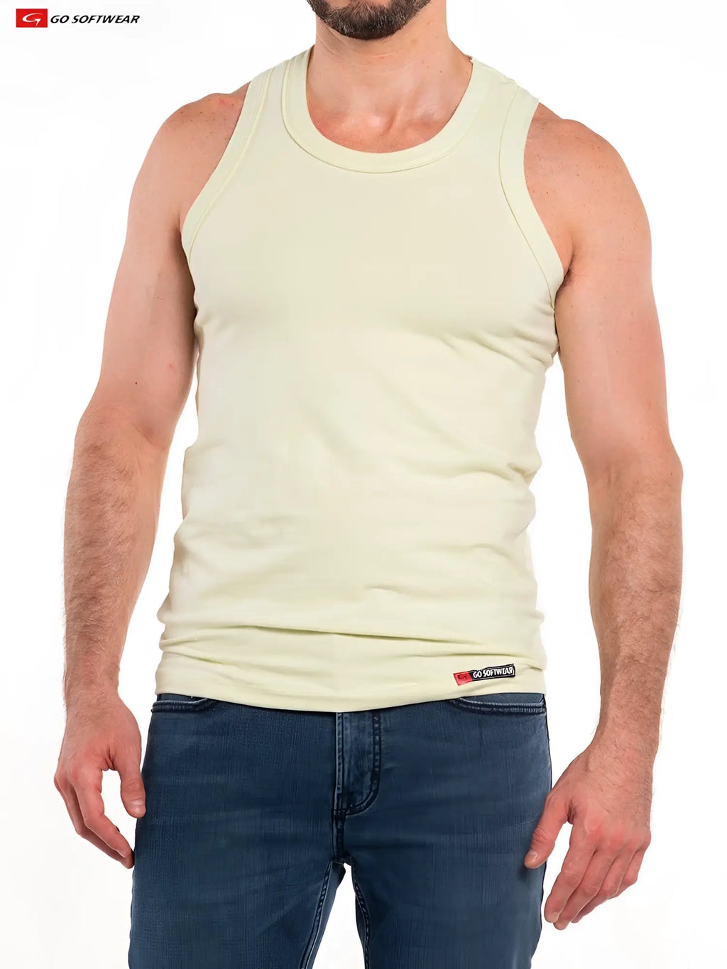 Pale yellow so cal cotton stretch tank sleeveless tank top with round neckline and ribbed hem trim
