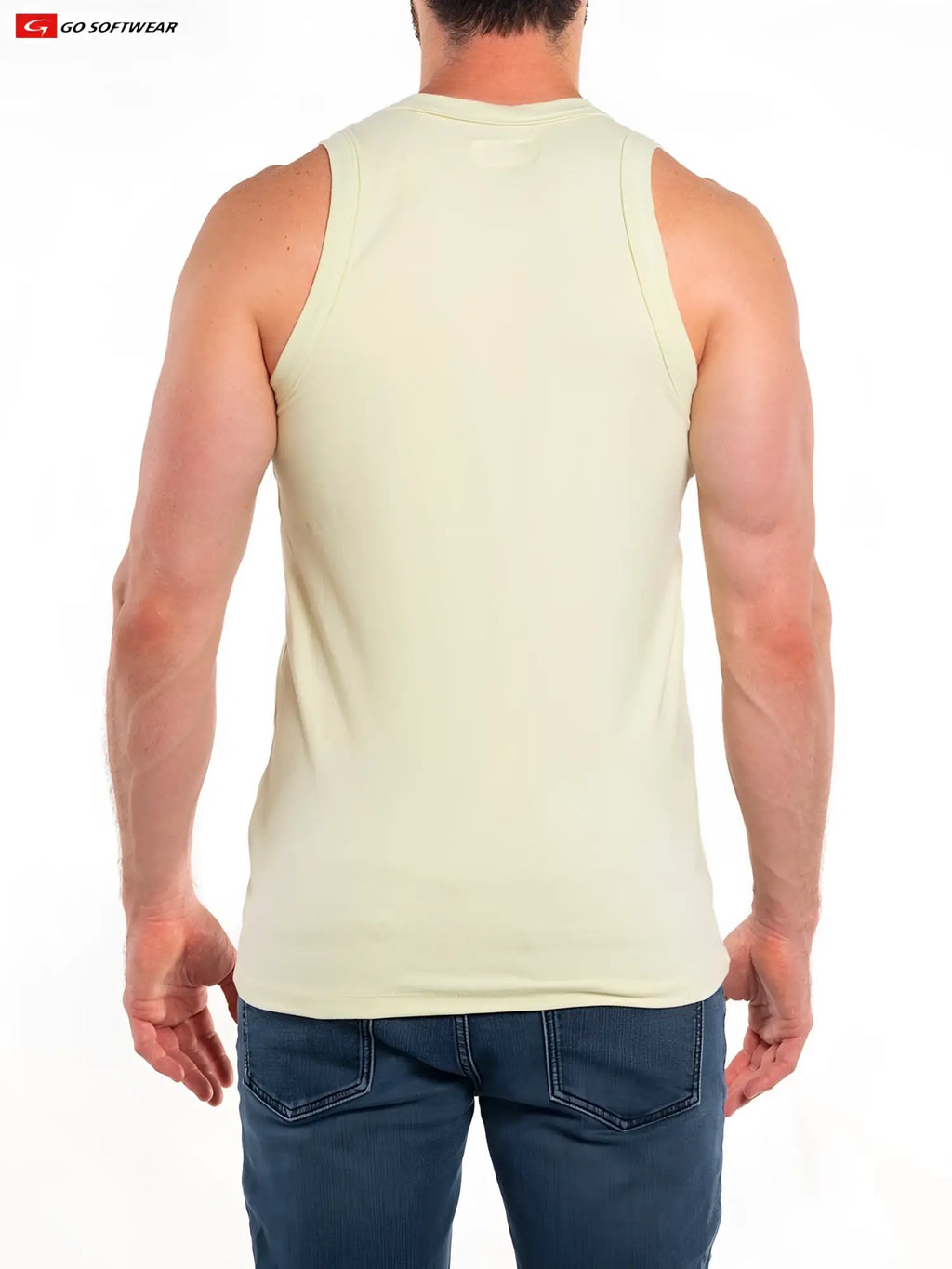 A pale yellow so cal cotton stretch tank sleeveless top with a simple fitted design made from soft cotton blend
