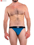 Blue so cal jockstrap athletic briefs with black gs logo waistband featuring go softwear branding