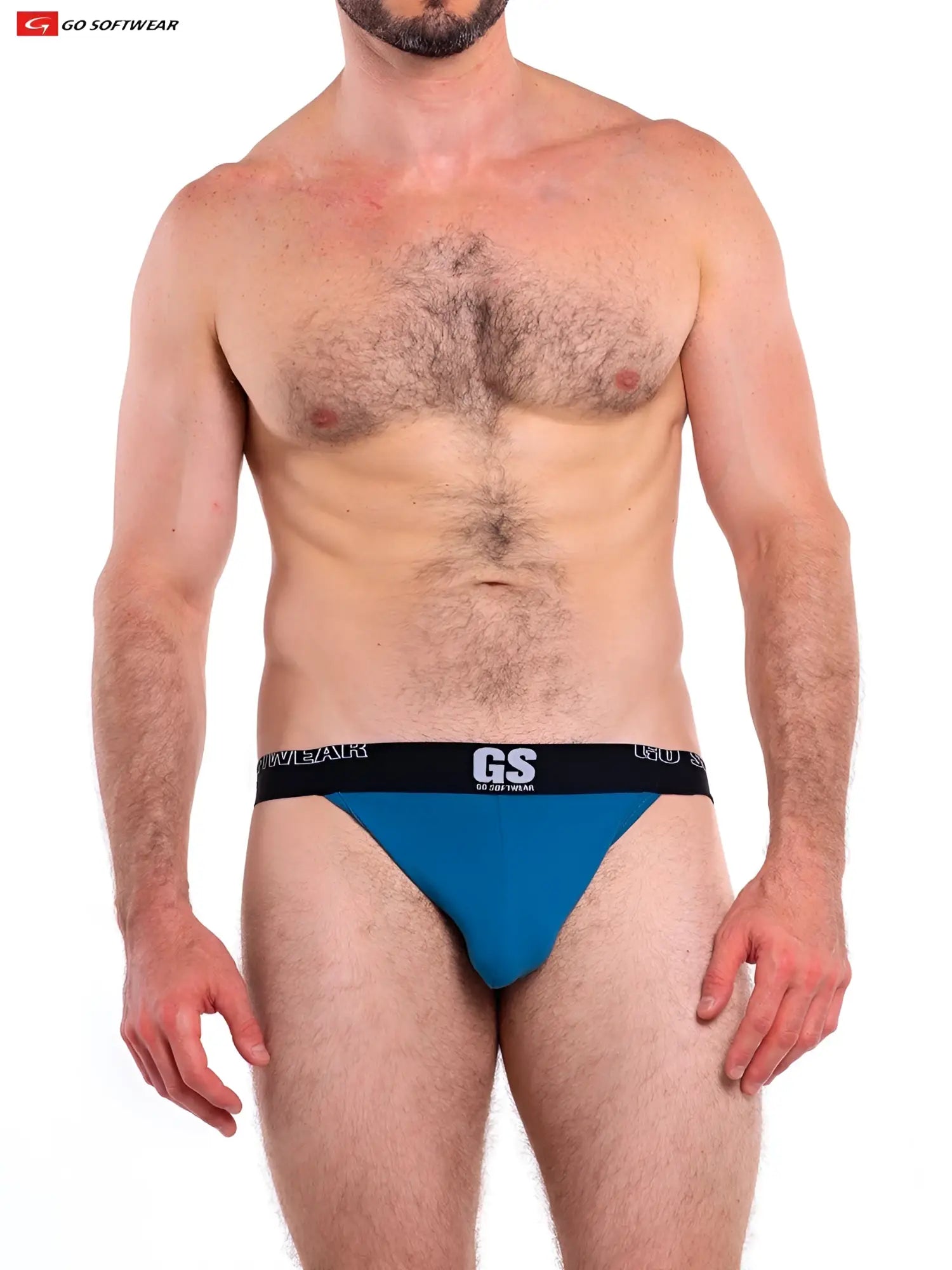 Blue so cal jockstrap athletic briefs with black gs logo waistband featuring go softwear branding