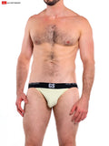 Cream-colored snug-fitting so cal jockstrap with black waistband featuring gs logo and go softwear branding