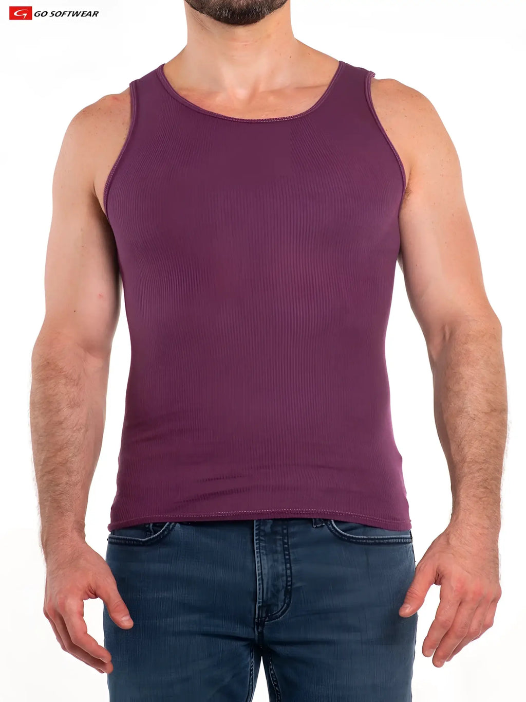 Purple ribbed cotton So Cal rib tank top with round neckline and seamless seams for comfortable wear
