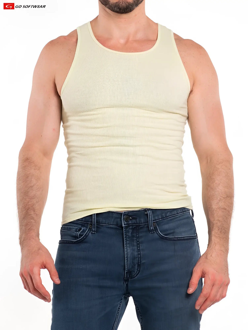 A ribbed pale yellow tank top by go softwear made from soft fabric called So Cal rib tank top