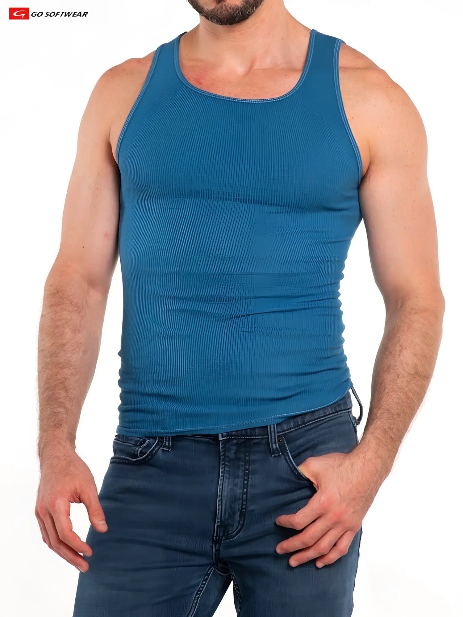 Teal ribbed cotton so cal rib tank top with rounded neckline and seamless seams