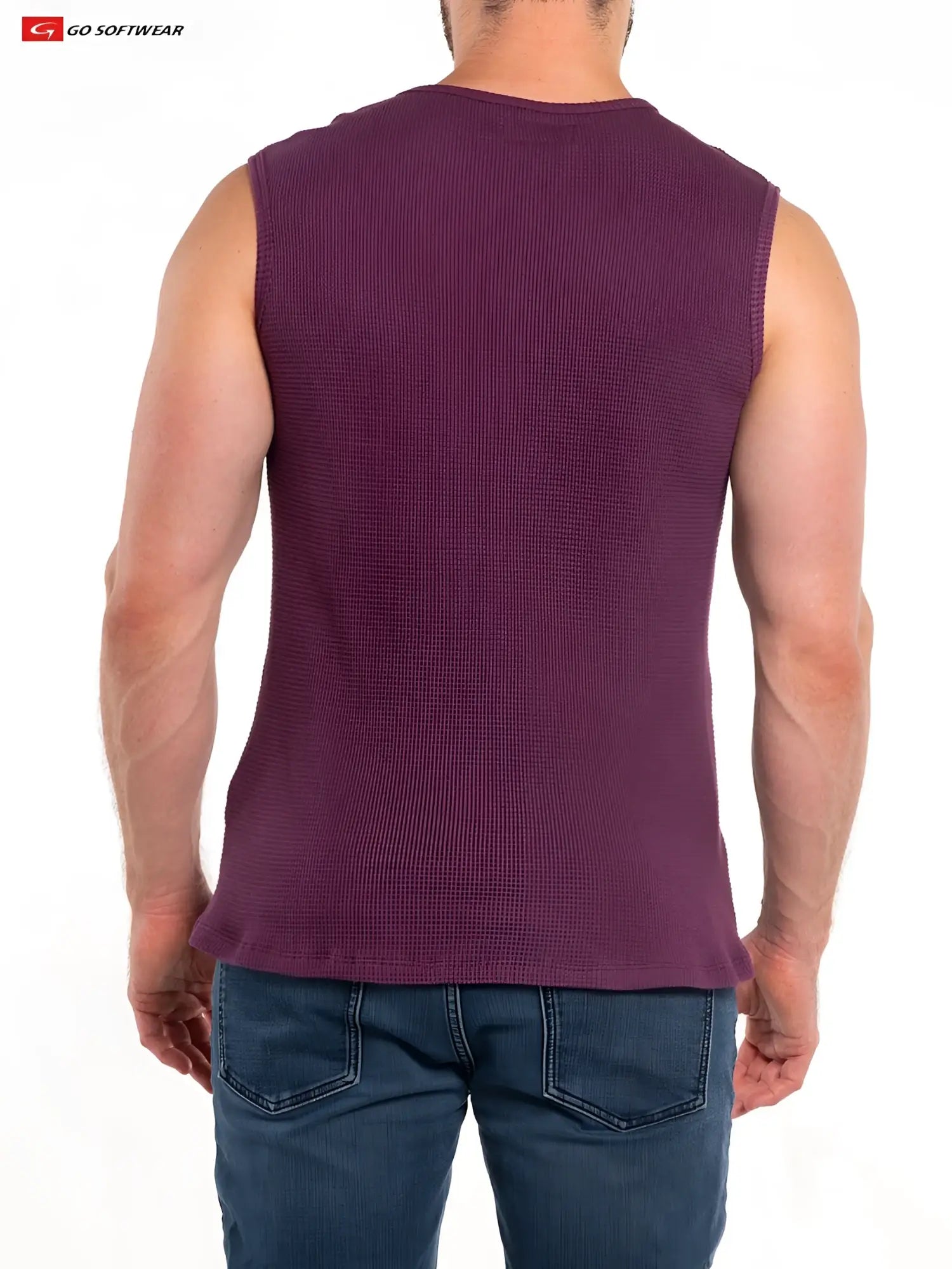 A maroon waffle knit sleeveless tank top from go softwear called so cal sleeveless tee designed for casual wear