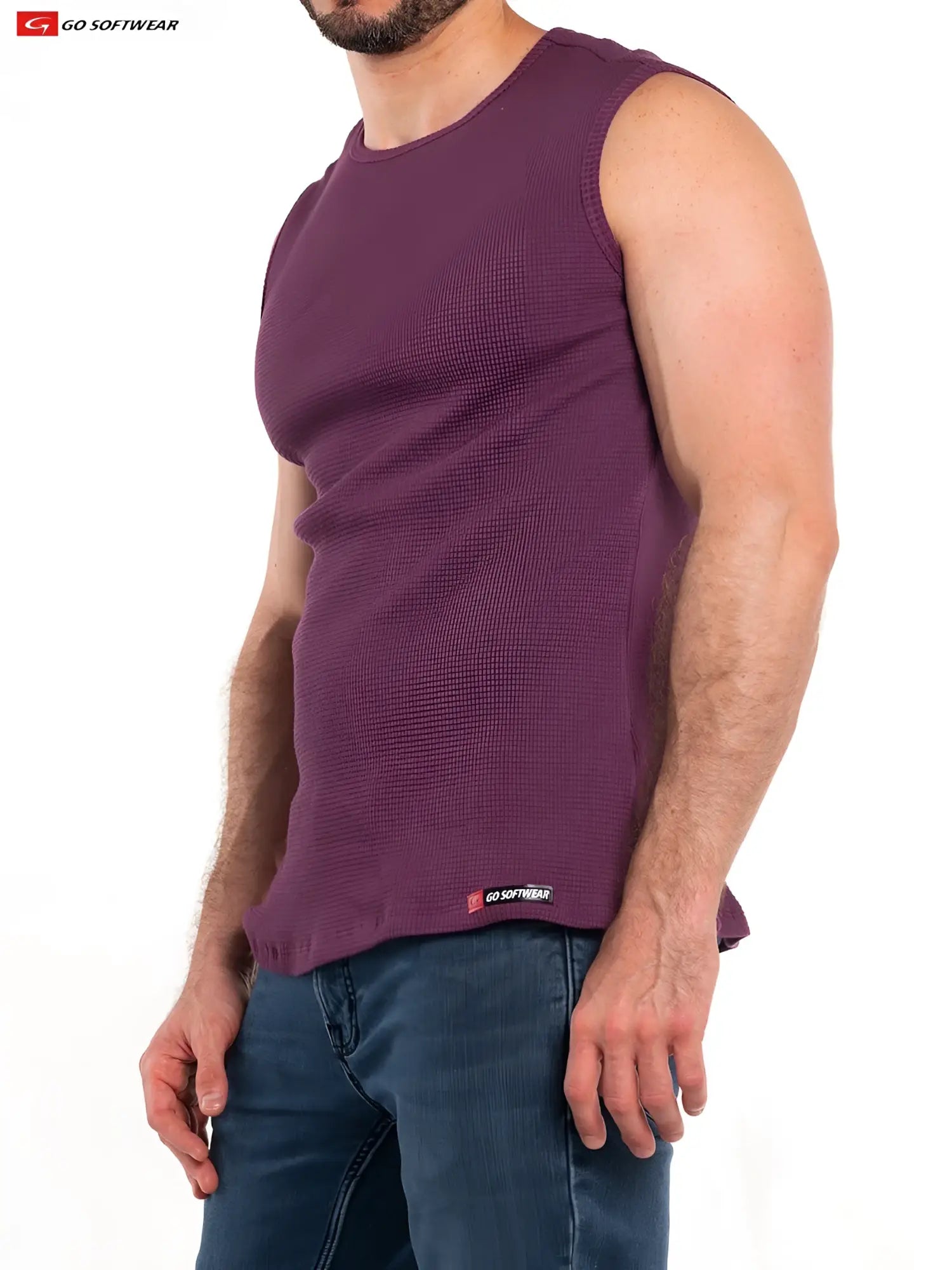 A maroon waffle knit sleeveless tank top from go softwear called the So Cal Sleeveless Tee