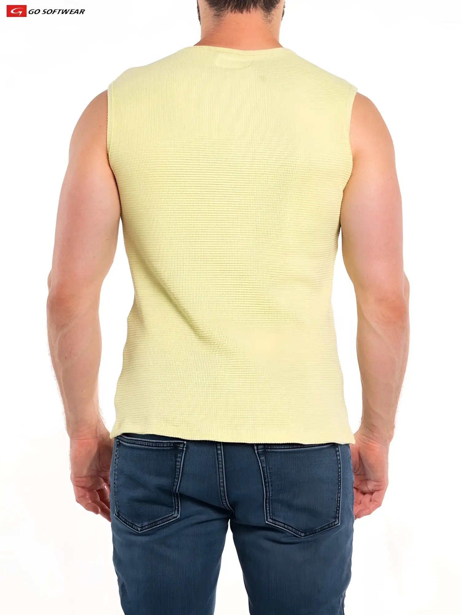 A pale yellow ribbed sleeveless So Cal tee with a crew neckline made from soft fabric for casual wear