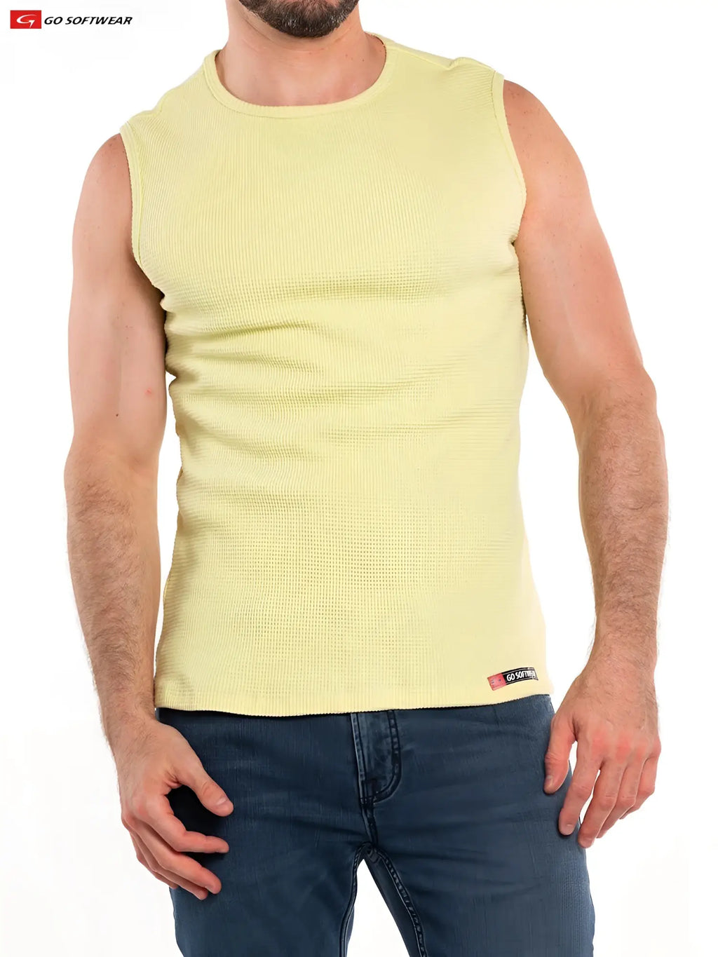 A pale yellow ribbed sleeveless So Cal tee with a round neckline and small brand tag at the bottom hem