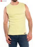 A pale yellow ribbed sleeveless So Cal tee with a round neckline and small brand tag at the bottom hem