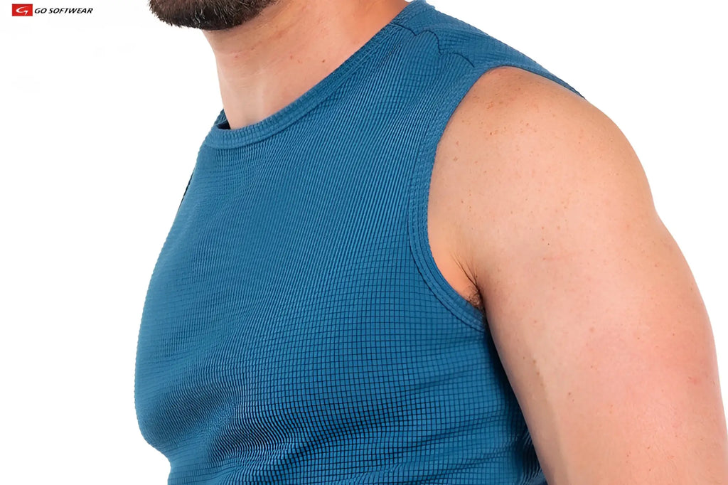 A teal ribbed knit sleeveless tee with a round neckline called so cal sleeveless tee