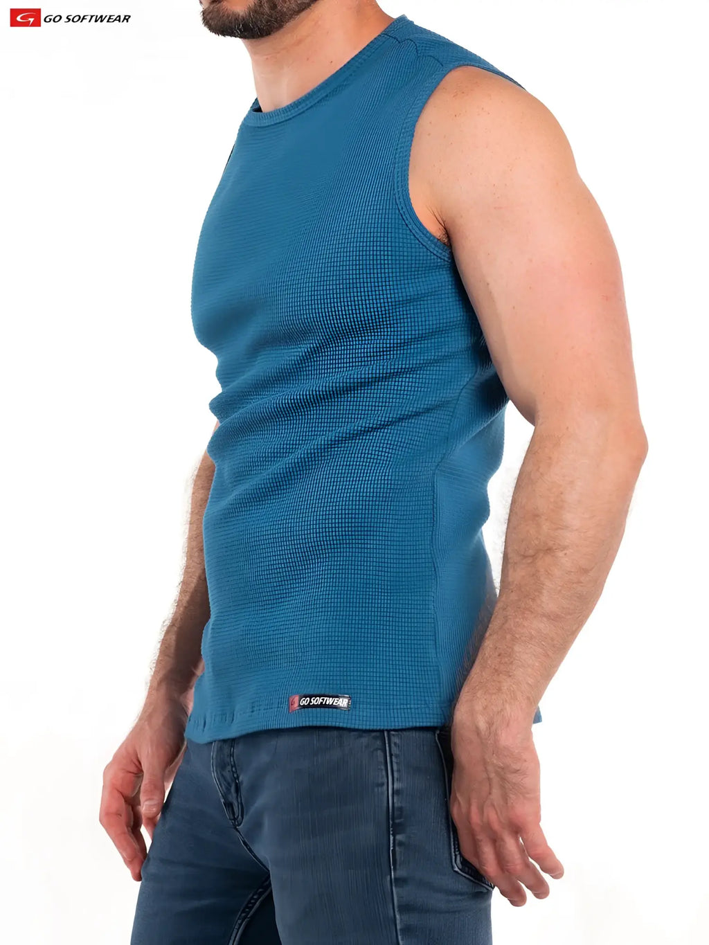 Teal waffle-knit sleeveless tank top by go softwear from the so cal sleeveless tee collection for casual wear