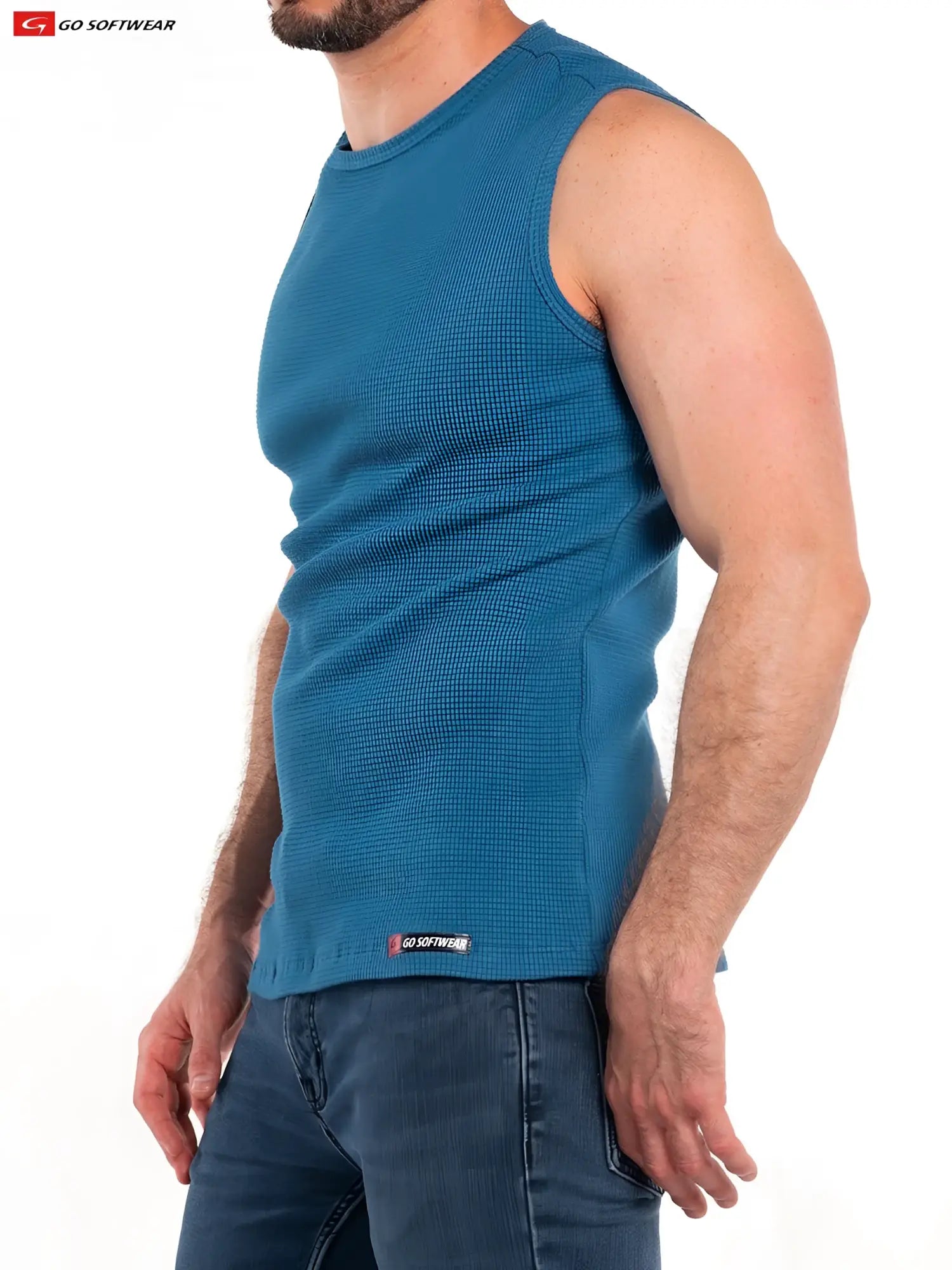 Teal waffle-knit sleeveless tank top by go softwear from the so cal sleeveless tee collection for casual wear